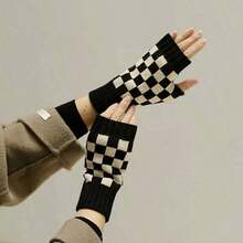 1對黑白棋盤格短款彈性半指手套,適用於秋冬季節 - 黑與白 - 查看 4