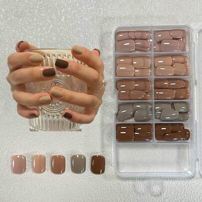 Caja de 150 piezas de puntas de uñas artificiales desmontables con estilo otoño/invierno de color marrón, suministros para uñas prensadas uñas falsas uña falsa uña acrílica