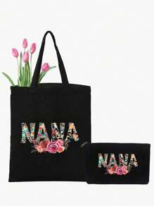 2入組印有nana圖案的手提購物袋,教師節禮物手提袋,伴娘個性化女士婚禮禮物袋,化妝品袋輕便購物袋,教師節多功能收納袋 - 黑色 - 查看 1
