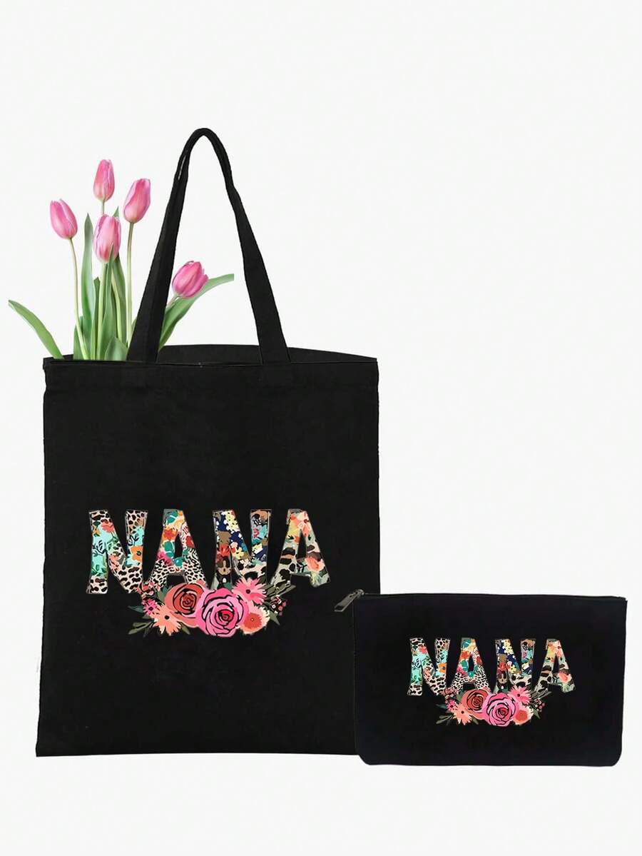 2入組印有nana圖案的手提購物袋,教師節禮物手提袋,伴娘個性化女士婚禮禮物袋,化妝品袋輕便購物袋,教師節多功能收納袋 - 黑色 - 查看 1