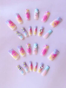 ARTAUG Elevate Your Style With 24pcs,Medium Square Multicolor Cherry Blossom Pattern, Blue French Edge, 3D Heart And Star Rhinestone Decoration,  Unfinished Fake Nail. Full Cover Fake Nail Set,1pc Nail File & 1Nail Glue Sticker Kit Nails For Girl Mother Women Gift And Nails Supplies &Wholesale .  Whitening Nail Art Set With Detachable Fake Nails For Festival, Party, Date And Daily Wear - Multicolor - View 3