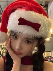 christmas hat, red plush bow, santa hat, cos costumes, women's dress up accessories, headwear, hair accessories, accessories