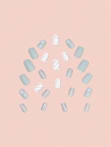 Get Charm 24pcs Short Square Fake Nails For Autumn And Winter, In Silver Glitter, Frosted White, Asymmetric Stripe Black And White Snowflake, Ideal For Parties, Dances And Daily Wear - Multicolor - View 6