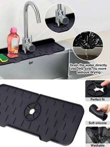 1pc Kitchen Faucet Sink Splash Guard, Silicone Sink Draining Pad Behind Faucet, Drying Mat For Kitchen & Bathroom Countertop Protect - Black - View 8