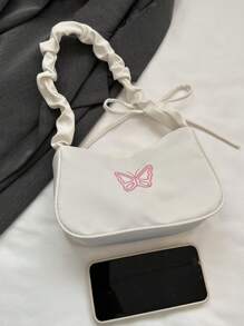 Fashion Solid Color Embroidery Simple Pleated Shoulder Bag Valentines - White - View 6
