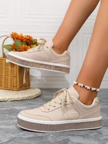 秋季新到商品pu拼接白色運動鞋,輕盈杏色閃粉鑲嵌&多用途設計,女士休閒運動鞋,尺寸36-42 歐碼 - 杏色 - 查看 1