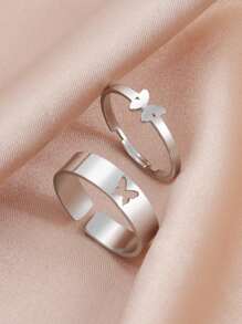 2 件套不銹鋼心形、蝴蝶、月亮、飛機設計女士戒指套裝,簡約、浪漫情侶禮物,男女通用 - 戒指套裝 - 查看 2