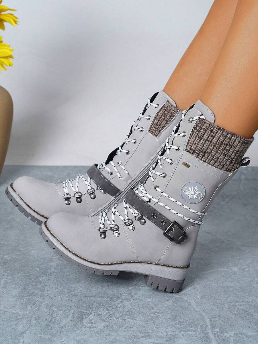 2025 Winter New European & American Style Lace-Up Knit Patchwork Riding Boots, Warm & Anti-Slip Casual Fashion Mid-Calf Boots For Women - Grey - View 1