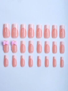 Express Your Love with 24 pcs long square press on nails peach pink girl Pearl pink bow Fairy Strawberry Milk flowing heart everything fake nail with 1 piece jelly and 1 file strip - Multicolor - View 4