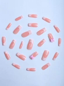 Express Your Love with 24 pcs long square press on nails peach pink girl Pearl pink bow Fairy Strawberry Milk flowing heart everything fake nail with 1 piece jelly and 1 file strip - Multicolor - View 5