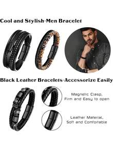 男士黑色皮革手链 5 件装 男士手链 皮革编织皮革腕带 不锈钢扣袖口手链套装 7.5-8.5 英寸 - 黑色 - 查看 5