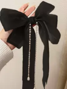 1件女士白色超长丝带、网纱、蝴蝶结、珍珠、流苏发夹，背面装饰甜美可爱，优雅高端时尚发饰，适合日常佩戴，可爱情人节礼物，发夹、蝴蝶结、发饰、头饰 - 白色 - 查看 8