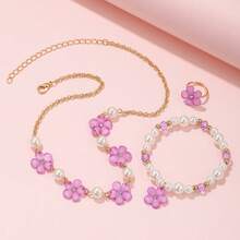 Fashionable Purple Flower Jewelry Set For Children, Including Necklace, Bracelet And Ring (3pcs) - Multicolor - View 5