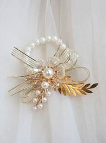 1pc Champagne Elastic Faux Pearl Bracelet, Suitable As Bridesmaids & Sisters' Wrist Corsage, Perfect For Bridal Wedding, Photography Valentine's Day Valentines - Champagne - View 11