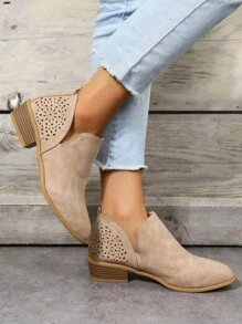 女式透氣粗跟短靴,時尚戶外、休閒、復古英式踝靴 - 米色 - 查看 11