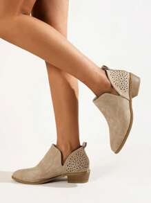 女式透氣粗跟短靴,時尚戶外、休閒、復古英式踝靴 - 米色 - 查看 3