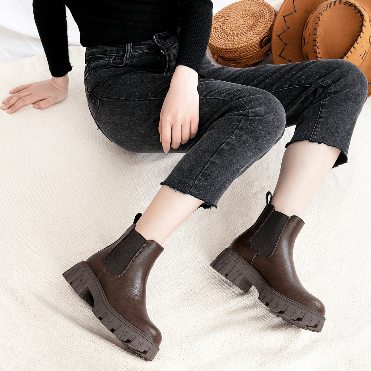 Women's 9620 Chelsea Ankle Boots | Fashion Lug Sole Platform Elastic Slip-On Booties - màu nâu - Xem 1