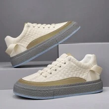 Men's Winter Thick Sole Casual Shoes, Lace-up, Leather, Plaid & Solid Color Mixed Low Top Sneakers - Beige - View 1