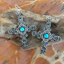 1對復古青綠色波西米亞空心耳環,適用於女性 - 銀色 - 查看 3