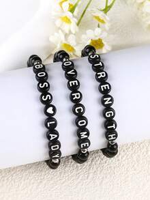 6mm Bright Black Glass Bead Boss Lady Strength Overcome Elastic Bracelet, Gift For Friends And Lovers - Black and White - View 8