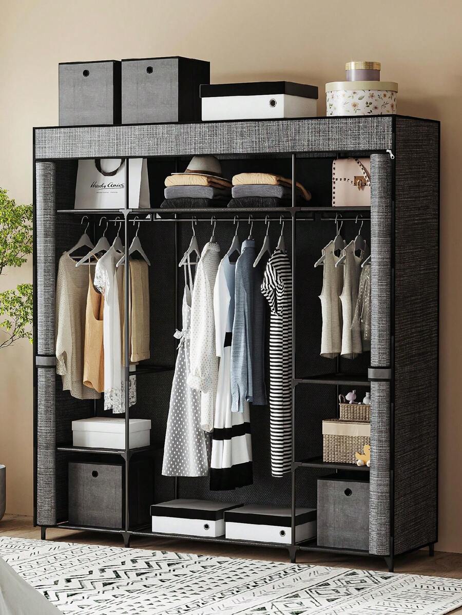HaluPeit Wardrobe, Fabric Closet For Bedroom, 3 Clothes Rails With Nonwoven Cover, Clothes Storage Organization, 9 Compartments - 黑色 - 查看 1