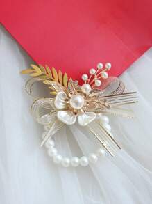 1pc Champagne Elastic Faux Pearl Bracelet, Suitable As Bridesmaids & Sisters' Wrist Corsage, Perfect For Bridal Wedding, Photography Valentine's Day Valentines - Champagne - View 5