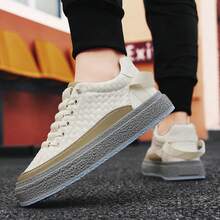 Men's Winter Thick Sole Casual Shoes, Lace-up, Leather, Plaid & Solid Color Mixed Low Top Sneakers - Beige - View 5