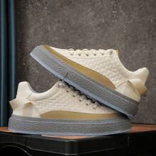 Men's Winter Thick Sole Casual Shoes, Lace-up, Leather, Plaid & Solid Color Mixed Low Top Sneakers - Beige - View 4