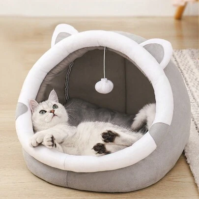 Hollypet 3 Sizes Gray Cute Cave Cat Bed With Ear Design - Soft & Cozy Indoor Cat House, Warm & Breathable For All Seasons, Comes With Hanging Ball, Suitable For Small, Medium And Large Cats