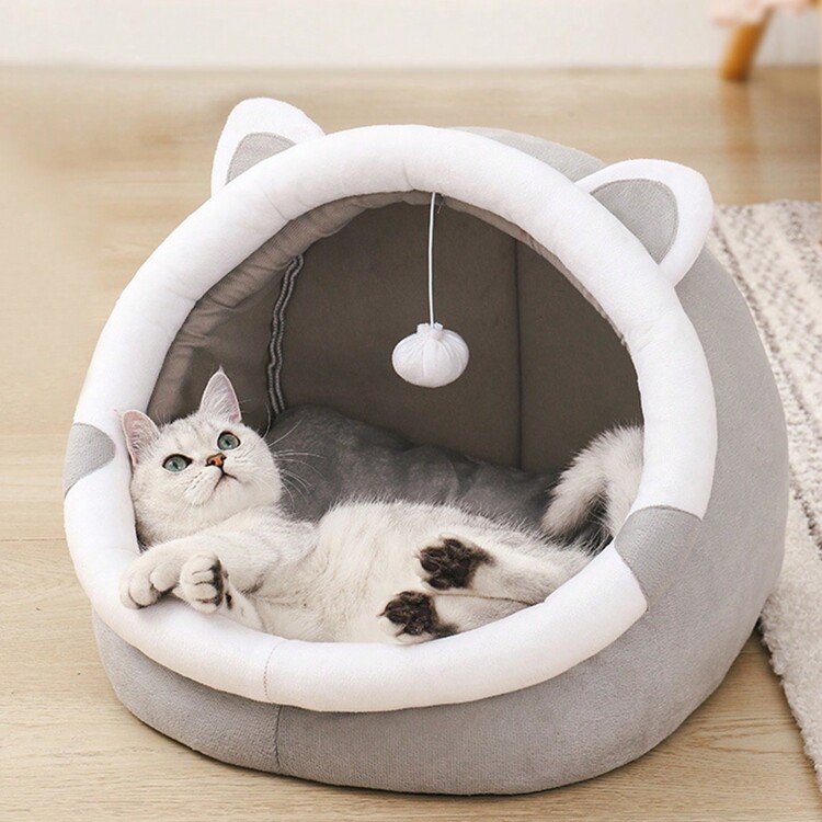 Hollypet 3 Tamaños Cama de Gato Cueva Gris Lindo con Diseño de Oreja - Suave y Acogedor Casita de Gato Interior, Cálido y Transpirable para Todas las Estaciones, Viene con Bola Colgante, Adecuado para Gatos Pequeños, Medianos y Grandes - Gris - Añade 1