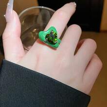 1件鑲鑽綠色開心心設計戒指,創意獨特的珠寶飾品,適合女士日常佩戴和節日送禮 - 綠色 - 查看 7