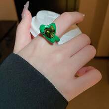 1件鑲鑽綠色開心心設計戒指,創意獨特的珠寶飾品,適合女士日常佩戴和節日送禮 - 綠色 - 查看 5