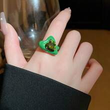 1件鑲鑽綠色開心心設計戒指,創意獨特的珠寶飾品,適合女士日常佩戴和節日送禮 - 綠色 - 查看 3