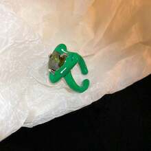 1件鑲鑽綠色開心心設計戒指,創意獨特的珠寶飾品,適合女士日常佩戴和節日送禮 - 綠色 - 查看 6