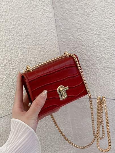 Bolso Super Mini De Hombro Con Cadena De Eslabones En Forma De Espiga Con Hebilla De Cerradura Simple, El Mejor Regalo Para El Día De San Valentín Para Ella