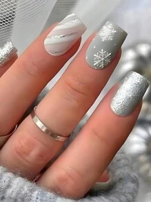 Get Charm 24pcs Short Square Fake Nails For Autumn And Winter, In Silver Glitter, Frosted White, Asymmetric Stripe Black And White Snowflake, Ideal For Parties, Dances And Daily Wear - Multicolor - View 1