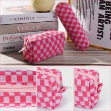 Makeup Bag Checkered Cosmetic Bag Brown Makeup Pouch 1Pc Large Capacity Makeup Bags And 1Pc Makeup Brushes Storage Bag Travel Toiletry Bag Organizer