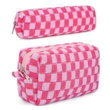 Makeup Bag Checkered Cosmetic Bag Brown Makeup Pouch 1Pc Large Capacity Makeup Bags And 1Pc Makeup Brushes Storage Bag Travel Toiletry Bag Organizer
