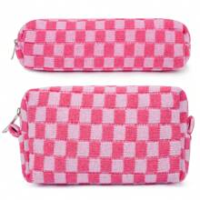 Makeup Bag Checkered Cosmetic Bag Brown Makeup Pouch 1Pc Large Capacity Makeup Bags And 1Pc Makeup Brushes Storage Bag Travel Toiletry Bag Organizer