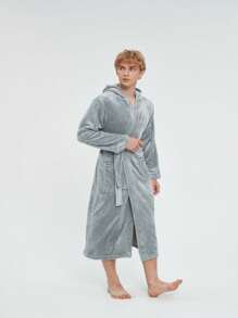 一件法兰绒连帽浴袍，保暖加厚情侣款，秋冬季保暖 - 灰色 - 查看 2