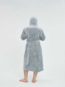 一件法兰绒连帽浴袍，保暖加厚情侣款，秋冬季保暖 - 灰色 - 查看 6