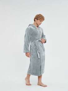 一件法兰绒连帽浴袍，保暖加厚情侣款，秋冬季保暖 - 灰色 - 查看 3
