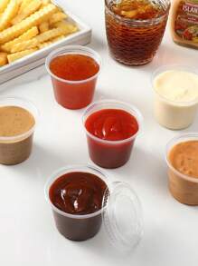 50 Sets Disposable Mini Plastic Souffle Cups With Lids- Jello Shot Cups, Jell-O Portion Cups, 5.5 Ounce/165ml Dipping Sauce Ramekins, Salad Dressing Container Cup,Small Plastic Condiment Containers School Supplies Food Bag Food Box Suitable For Candy Chocolate Cookies Etc.
