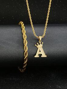 1 Set Cubic Zirconia Studded Crown & Letter Pendant Necklace With Stainless Steel Chain, And Matching Chain Bracelet, Unisex, Fashionable Accessory For Party, Banquet, And Casual Wear - Yellow Gold - View 2
