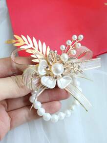 1pc Champagne Elastic Faux Pearl Bracelet, Suitable As Bridesmaids & Sisters' Wrist Corsage, Perfect For Bridal Wedding, Photography Valentine's Day Valentines - Champagne - View 2