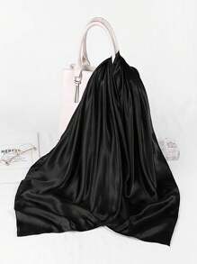 1pc Polyester Imitation Silk Scarf, Soft & Smooth, Solid Color Minimalist Versatile Neckerchief - Black - View 3