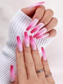 24pcs Plain Glitter Long Coffin Nails + 1pc Jelly Glue + 1pc Nail File - Multicolor - View 1