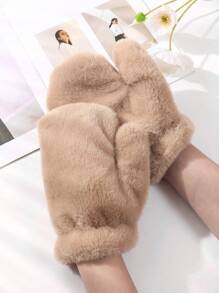 1對女性加厚保暖皮毛一體頸帶手套,適用於冬季 - 卡其色 - 查看 1