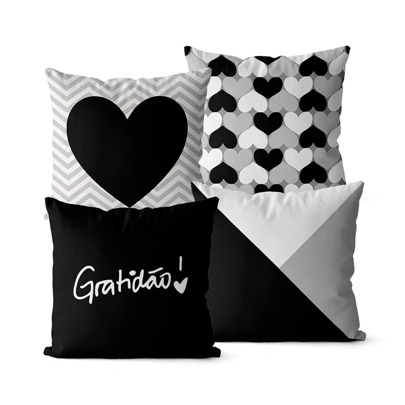 Kit 4 Capas de Almofadas Decorativas Gratidão Cinza e Preto 45x45