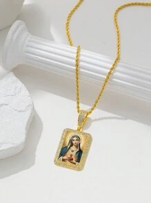 1件个性化信仰方形立方氧化锆人物吊坠，女士日常佩戴圣诞祈祷项链，18k镀金不锈钢 - 金色 - 查看 5